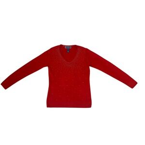 Karen Scott Red Embellished V Neck Sweater Long Sleeve Knit‎ Small Christmas